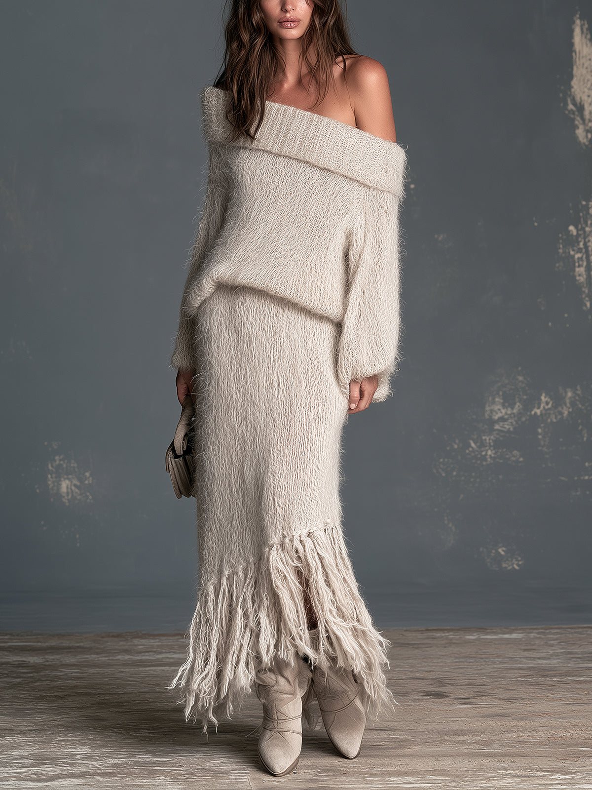 ElevenOra Chic Elegant Beige Off-The-Shoulder Long-Sleeve Sweater Elastic-Waist Fringe Detail Skirt Slim-Fit Fuzzy Knit Two-Piece Set