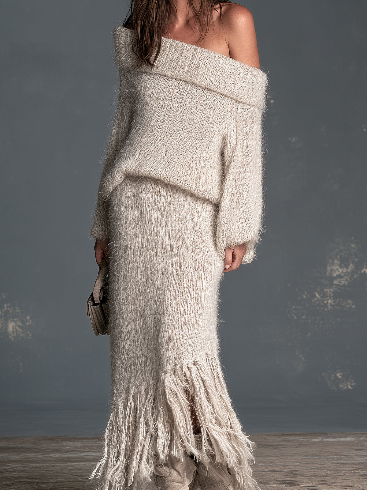 ElevenOra Chic Elegant Beige Off-The-Shoulder Long-Sleeve Sweater Elastic-Waist Fringe Detail Skirt Slim-Fit Fuzzy Knit Two-Piece Set