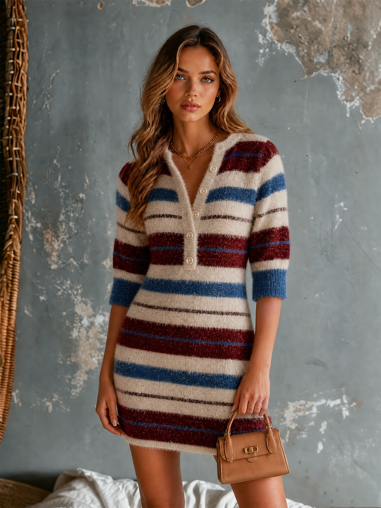 ElevenOra Chic Elegant Cream-Blue-Burgundy Stripes Button-Front Half Sleeve Slim-Fit Knit Mini Dress