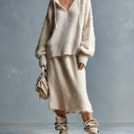 ElevenOra Chic Elegant Beige Hooded-Collar Long-Lantern-Sleeve Sweater Elastic-Waist Midi Skirt Loose-Fit Fuzzy Knit Two-Piece Set