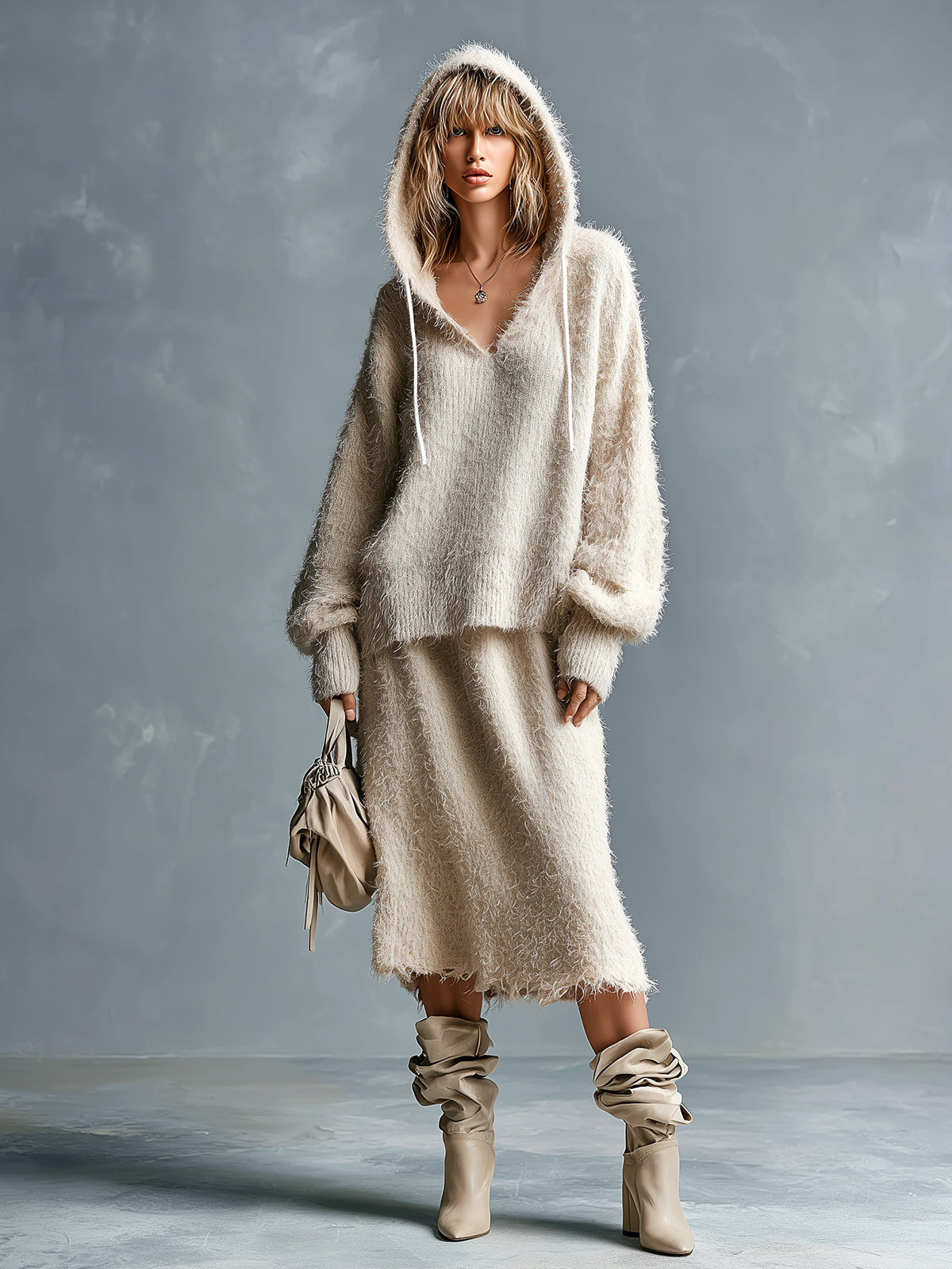 ElevenOra Chic Elegant Beige Hooded-Collar Long-Lantern-Sleeve Sweater Elastic-Waist Midi Skirt Loose-Fit Fuzzy Knit Two-Piece Set