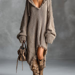 ElevenOra Chic Elegant Brown Hooded-Collar Dropped Shoulder Long-Sleeve Asymmetrical Hem Raw Edge Detail Oversize Fuzzy Knit Midi Dress