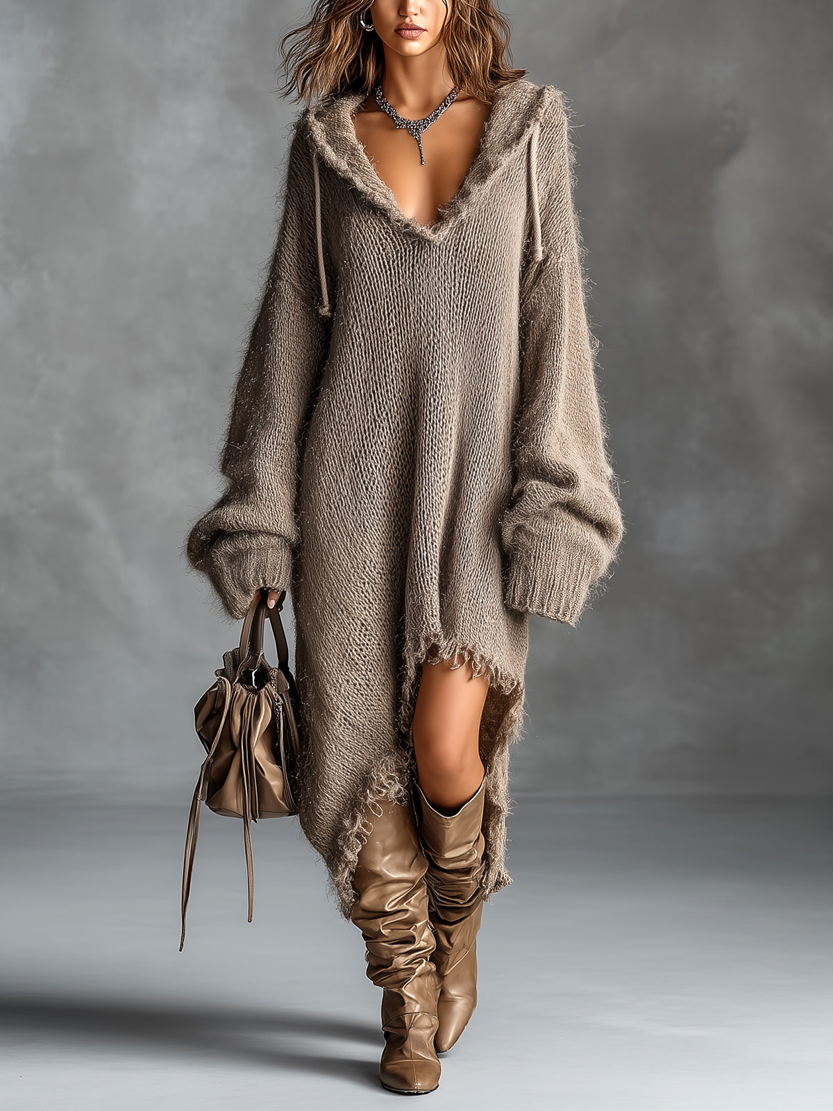ElevenOra Chic Elegant Brown Hooded-Collar Dropped Shoulder Long-Sleeve Asymmetrical Hem Raw Edge Detail Oversize Fuzzy Knit Midi Dress