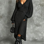 ElevenOra Chic Elegant Black V-Neck Dropped Shoulder Long-Sleeve Sequins Patchwork Detail Pleated Hem Ribbed Knit Midi Dress