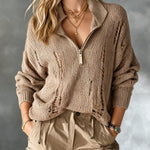 ElevenOra Chic Casual Camel Zipper-Up Stand Collar Dropped Shoulder Long-Sleeve Ripped Detail Loose-Fit Knit Sweater