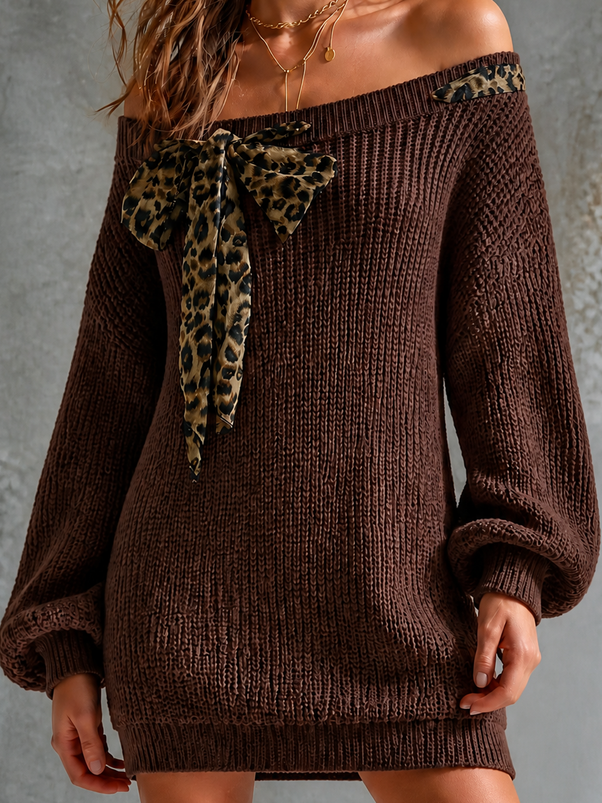 ElevenOra Chic Elegant Brown Off‑Shoulder Leopard Print Bow Detail Long-Sleeve Oversize Ribbed Knit Mini Dress