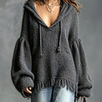ElevenOra Chic Casual Gray Hooded Collar Dropped Shoulder Long-Sleeve Fringe Hem Detail Oversize Knit Sweater