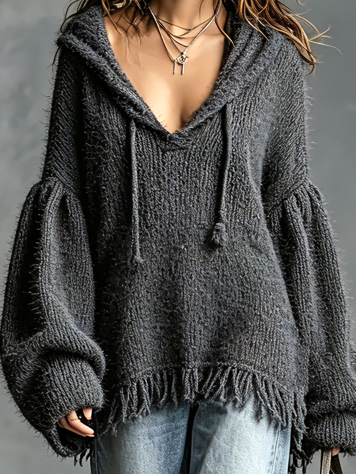 ElevenOra Chic Casual Gray Hooded Collar Dropped Shoulder Long-Sleeve Fringe Hem Detail Oversize Knit Sweater