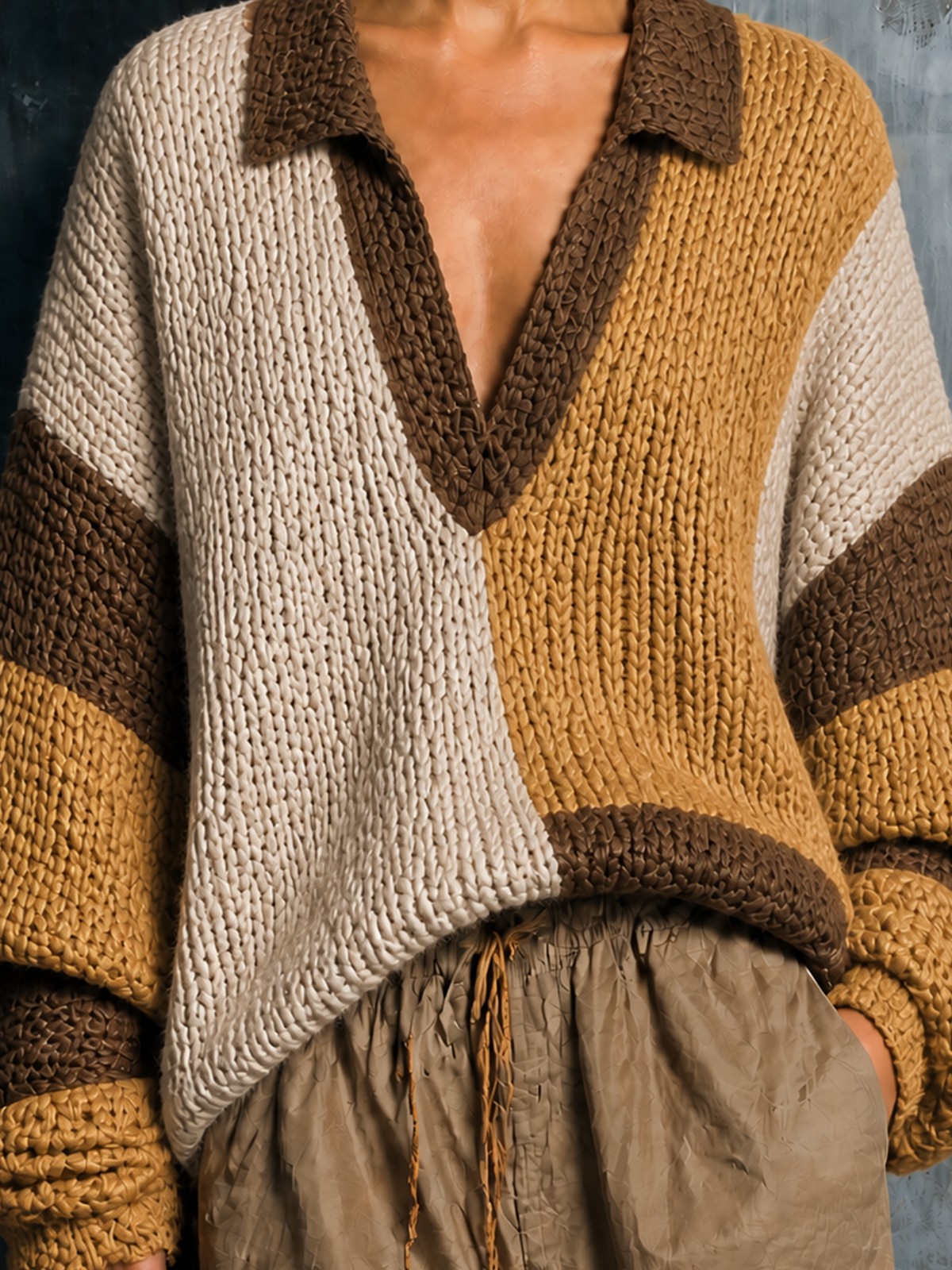 ElevenOra Chic Casual Beige-Yellow-Brown Colorblock Lapel Collar V-Neck Long-Sleeve Loose-Fit Knit Sweater Top