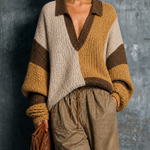 ElevenOra Chic Casual Beige-Yellow-Brown Colorblock Lapel Collar V-Neck Long-Sleeve Loose-Fit Knit Sweater Top