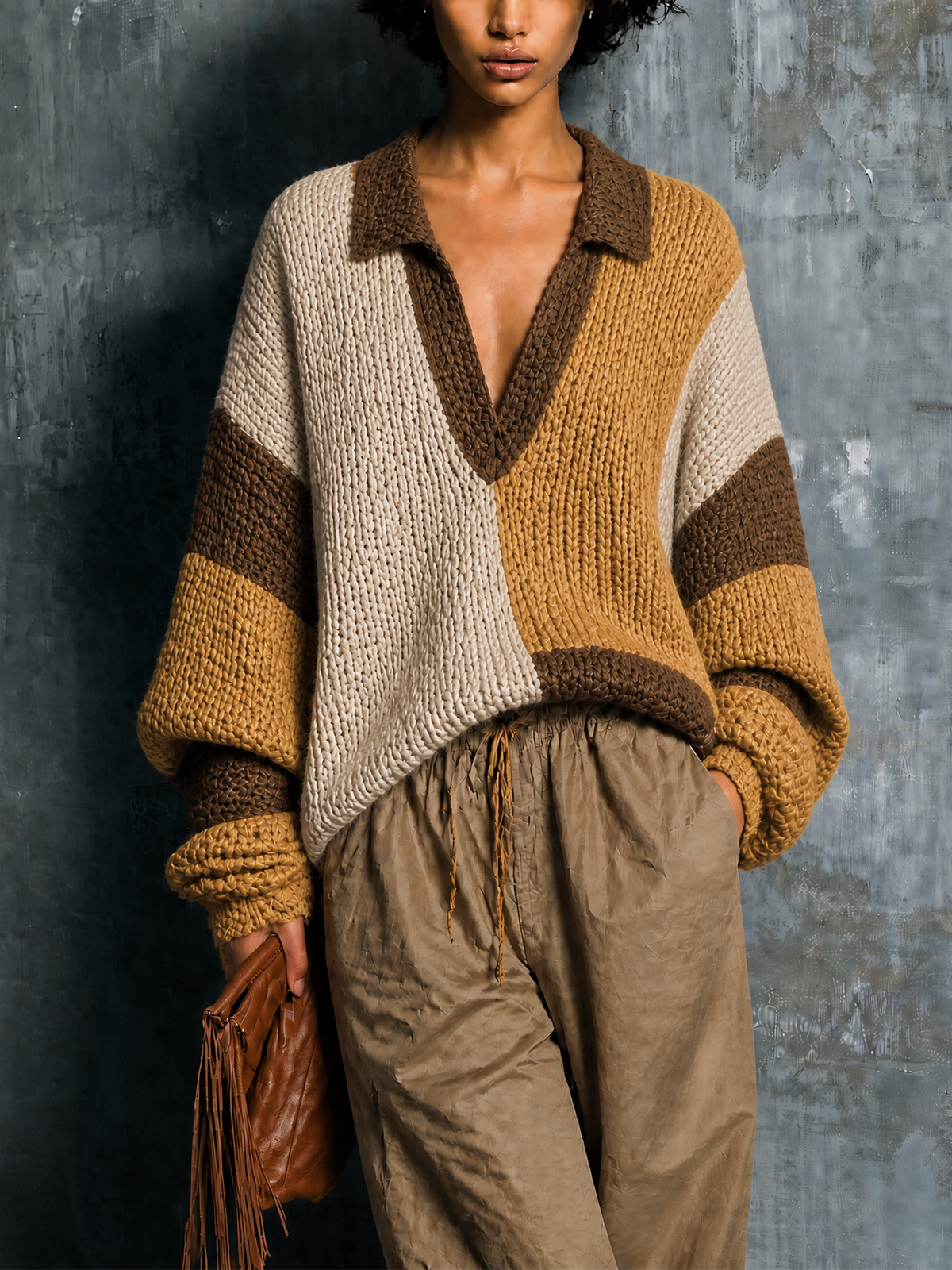ElevenOra Chic Casual Beige-Yellow-Brown Colorblock Lapel Collar V-Neck Long-Sleeve Loose-Fit Knit Sweater Top