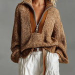 ElevenOra Chic Casual Chestnut Brown Stand-Collar Half-Zipper Contrast Trim Long-Sleeve Loose-Fit Knit Sweater Top