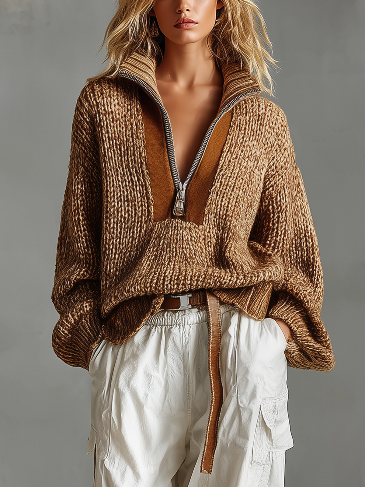 ElevenOra Chic Casual Chestnut Brown Stand-Collar Half-Zipper Contrast Trim Long-Sleeve Loose-Fit Knit Sweater Top