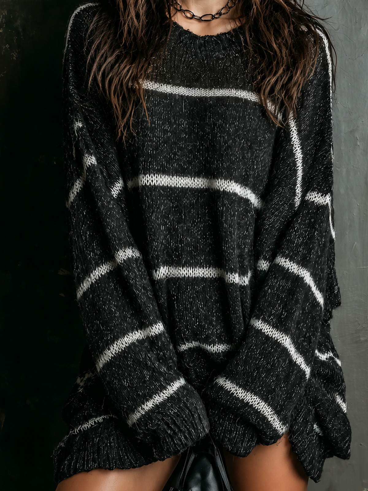 ElevenOra Chic Casual Black-White Stripes Round Neck Long-Sleeve Loose-Fit Knit Sweater Top