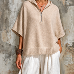 ElevenOra Chic Casual Oatmeal Hooded Zipper-Front Half Sleeve Loose-Fit Knit Sweater Top