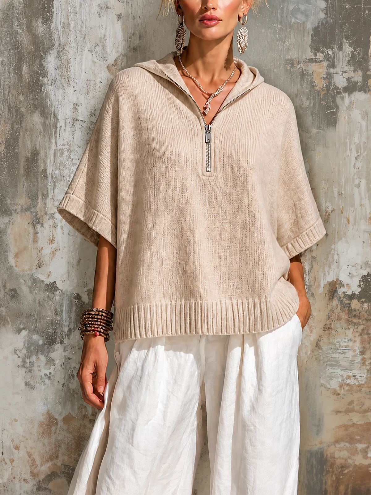 ElevenOra Chic Casual Oatmeal Hooded Zipper-Front Half Sleeve Loose-Fit Knit Sweater Top