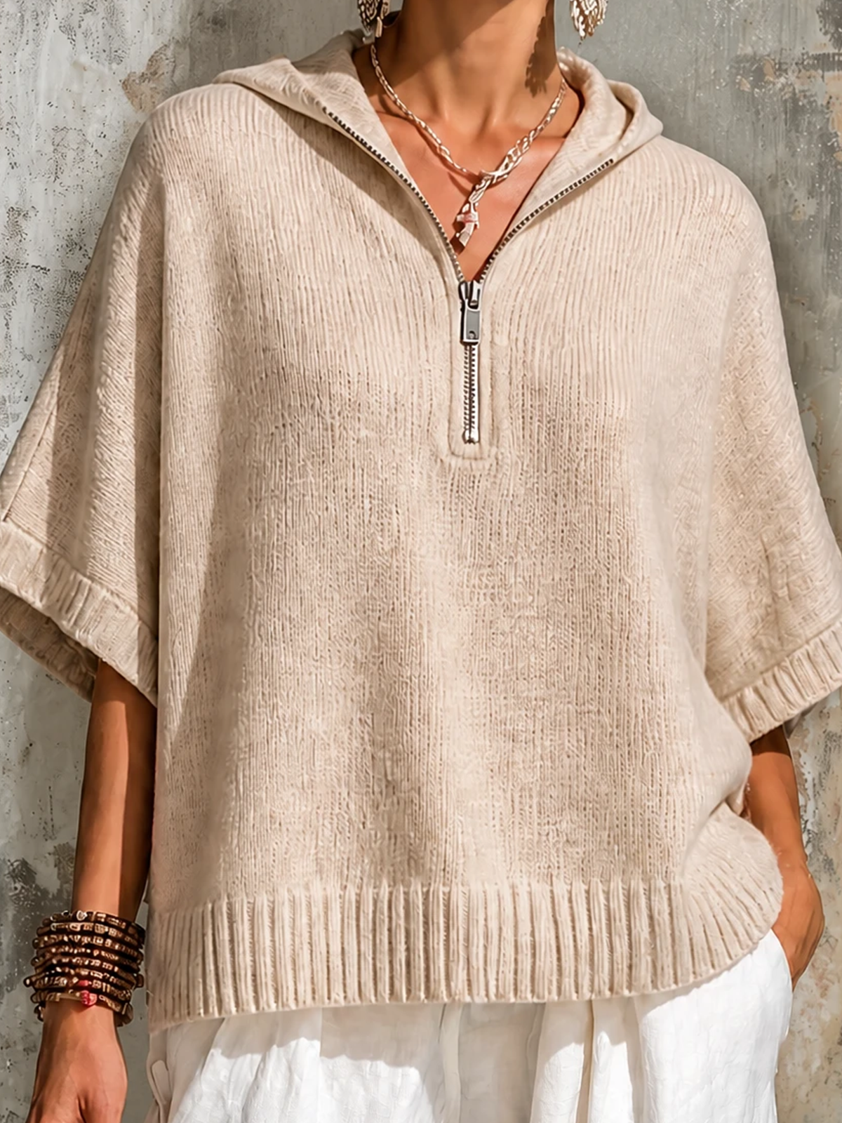 ElevenOra Chic Casual Oatmeal Hooded Zipper-Front Half Sleeve Loose-Fit Knit Sweater Top