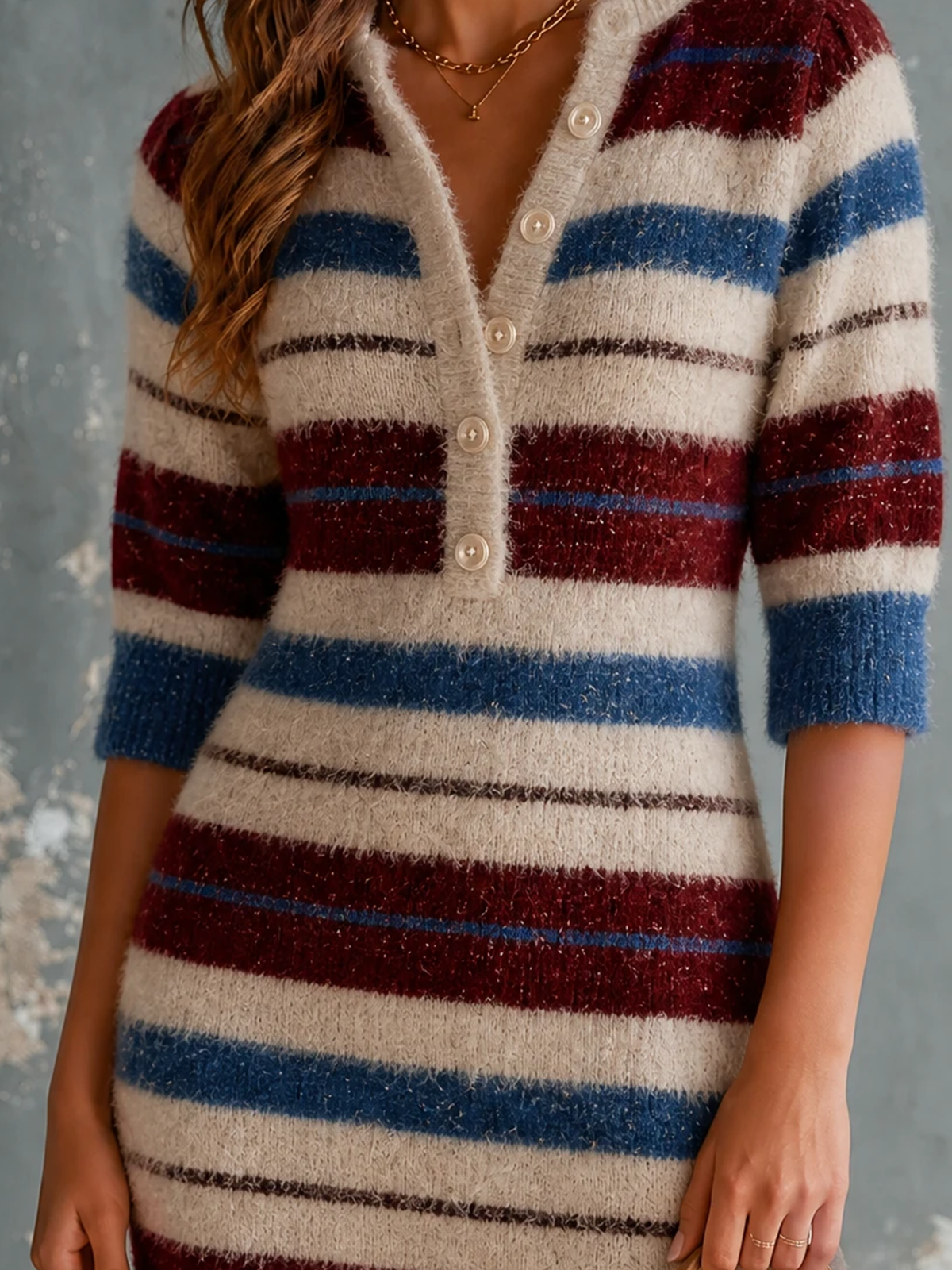 ElevenOra Chic Elegant Cream-Blue-Burgundy Stripes Button-Front Half Sleeve Slim-Fit Knit Mini Dress