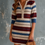 ElevenOra Chic Elegant Cream-Blue-Burgundy Stripes Button-Front Half Sleeve Slim-Fit Knit Mini Dress