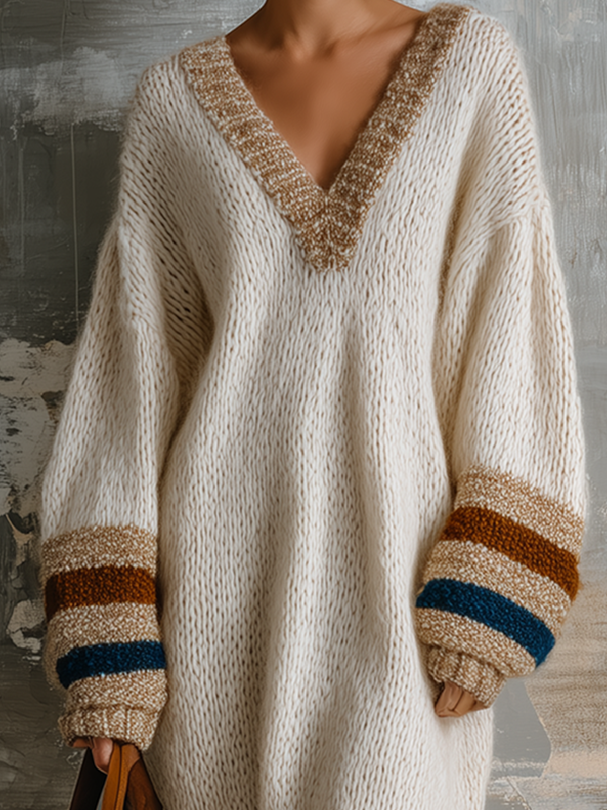 ElevenOra Chic Elegant Off-White V-Neck Contrast Stripe Long-Sleeve Loose-Fit Knit Midi Dress