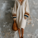 ElevenOra Chic Elegant Off-White V-Neck Contrast Stripe Long-Sleeve Loose-Fit Knit Midi Dress