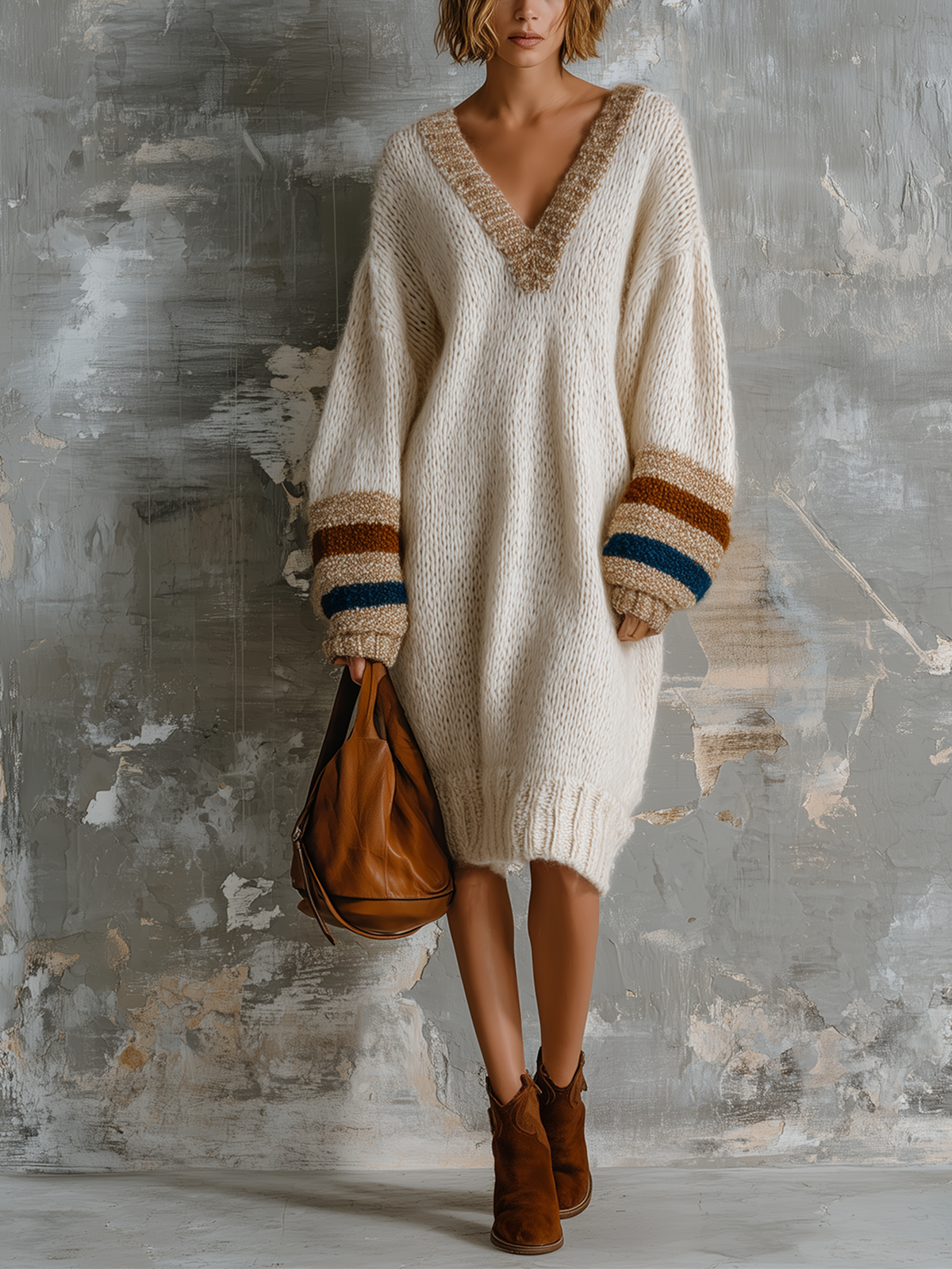 ElevenOra Chic Elegant Off-White V-Neck Contrast Stripe Long-Sleeve Loose-Fit Knit Midi Dress