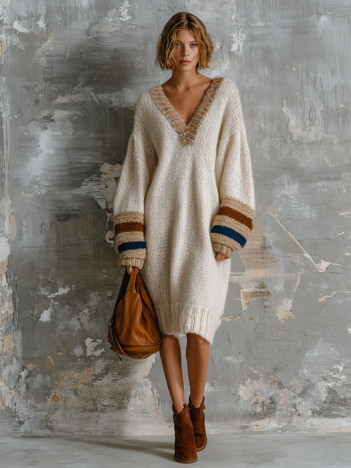 ElevenOra Chic Elegant Off-White V-Neck Contrast Stripe Long-Sleeve Loose-Fit Knit Midi Dress