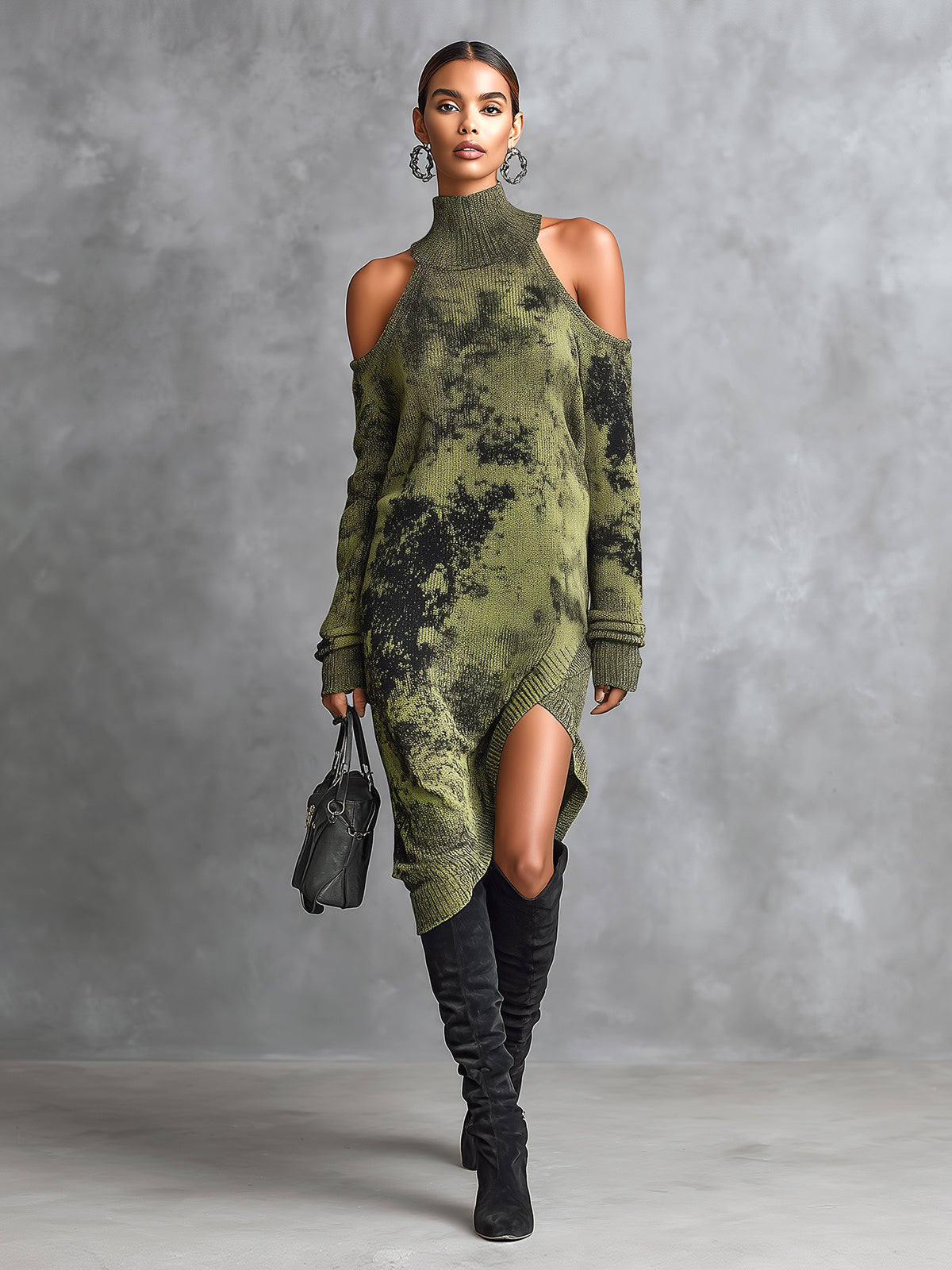 ElevenOra Chic Casual Army Green Camouflage Jacquard Turtleneck Shoulder-Cutout Long-Sleeve Asymmetrical Hem Knit Midi Dress