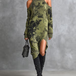 ElevenOra Chic Casual Army Green Camouflage Jacquard Turtleneck Shoulder-Cutout Long-Sleeve Asymmetrical Hem Knit Midi Dress