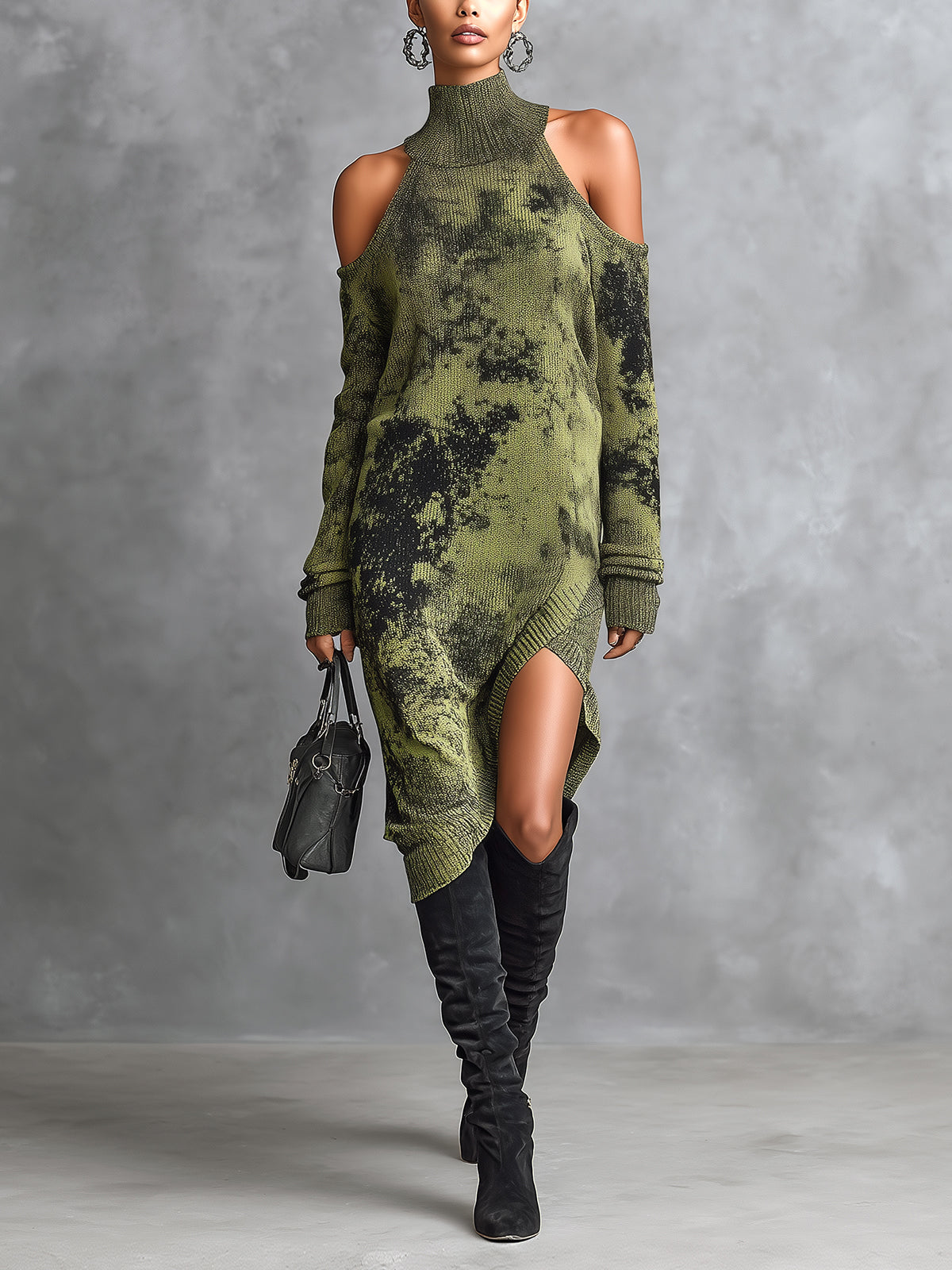 ElevenOra Chic Casual Army Green Camouflage Jacquard Turtleneck Shoulder-Cutout Long-Sleeve Asymmetrical Hem Knit Midi Dress