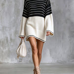 ElevenOra Chic Casual Black-White Colorblock Stripes Round-Neck Long-Flare-Sleeve Loose-Fit Knit Mini Dress