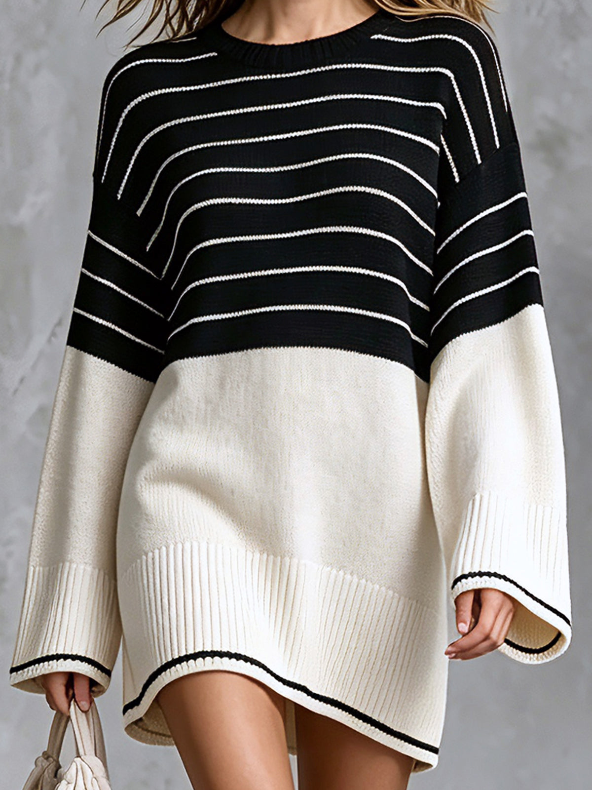 ElevenOra Chic Casual Black-White Colorblock Stripes Round-Neck Long-Flare-Sleeve Loose-Fit Knit Mini Dress