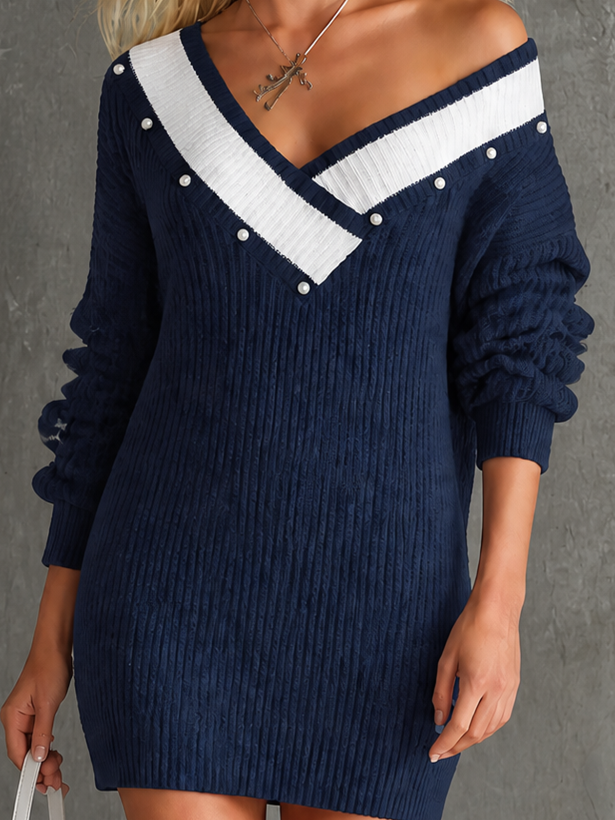 ElevenOra Chic Elegant Navy Blue Off‑Shoulder V‑Neck Button Detail Contrast Trim Long-Sleeve Slim-Fit Ribbed Knit Mini Dress