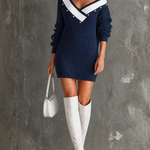 ElevenOra Chic Elegant Navy Blue Off‑Shoulder V‑Neck Button Detail Contrast Trim Long-Sleeve Slim-Fit Ribbed Knit Mini Dress