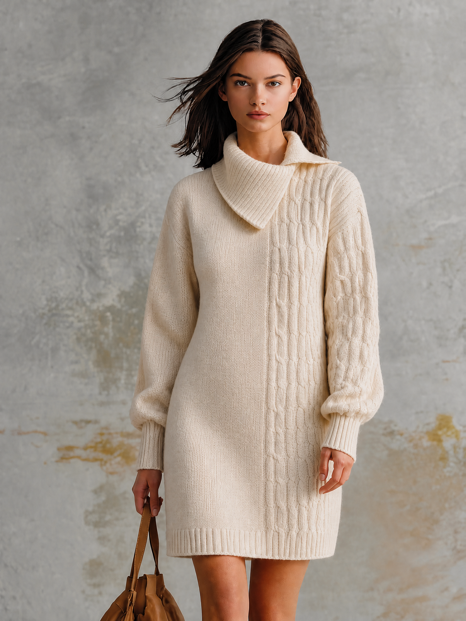 ElevenOra Chic Casual Off‑White Asymmetrical Wrap Collar Long-Sleeve Panel Cable Loose-Fit Knit Mini Dress