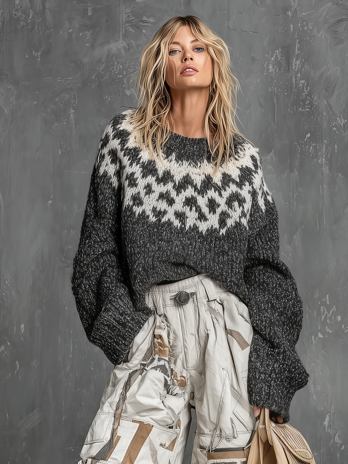 ElevenOra Chic Casual Charcoal Fair Isle Jacquard Round-Neck Long-Sleeve Loose-Fit Knit Sweater Top