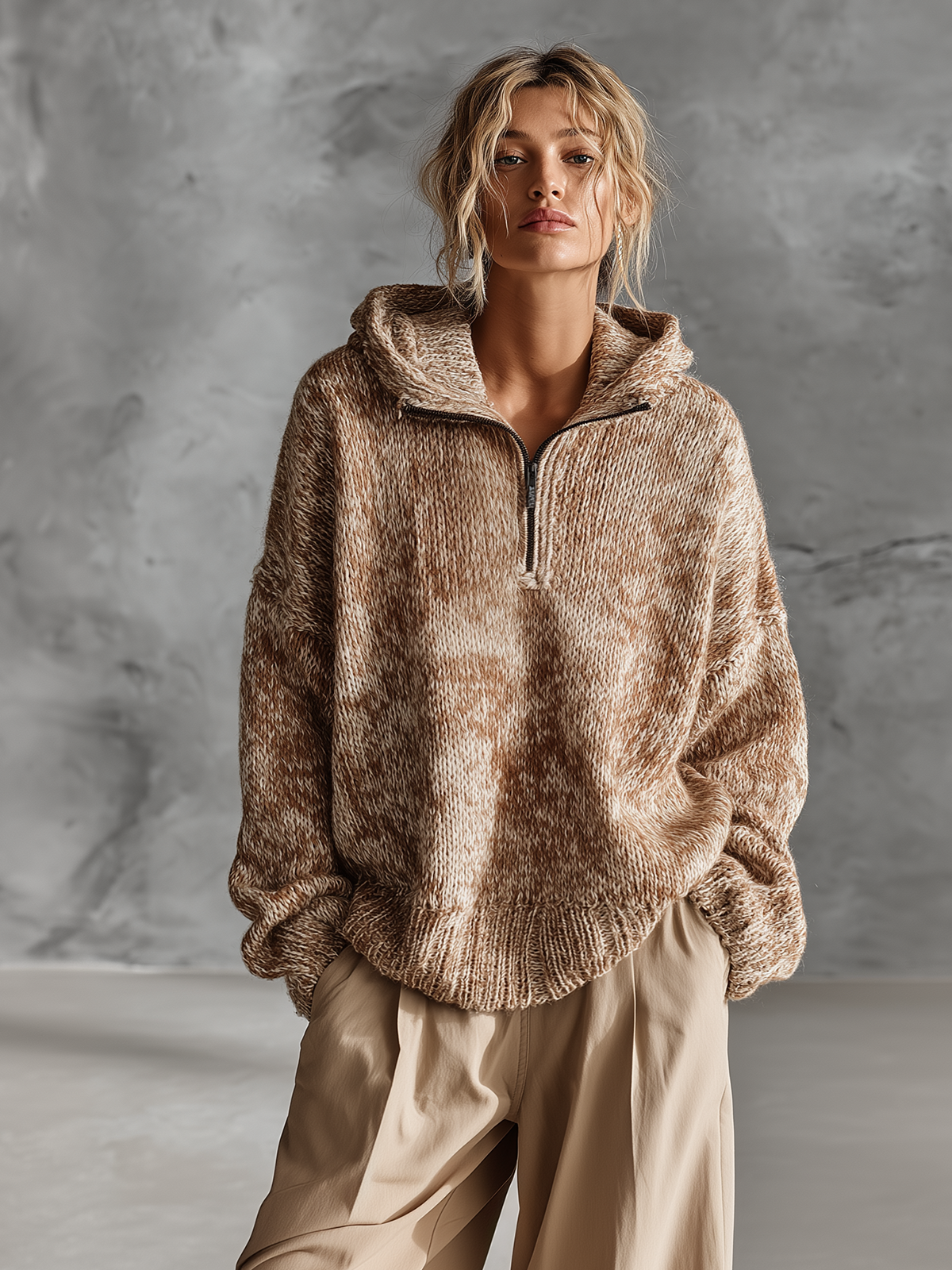 ElevenOra Chic Casual Camel Half‑Zip Hooded Long-Sleeve Loose-Fit Marled Knit Sweater Top