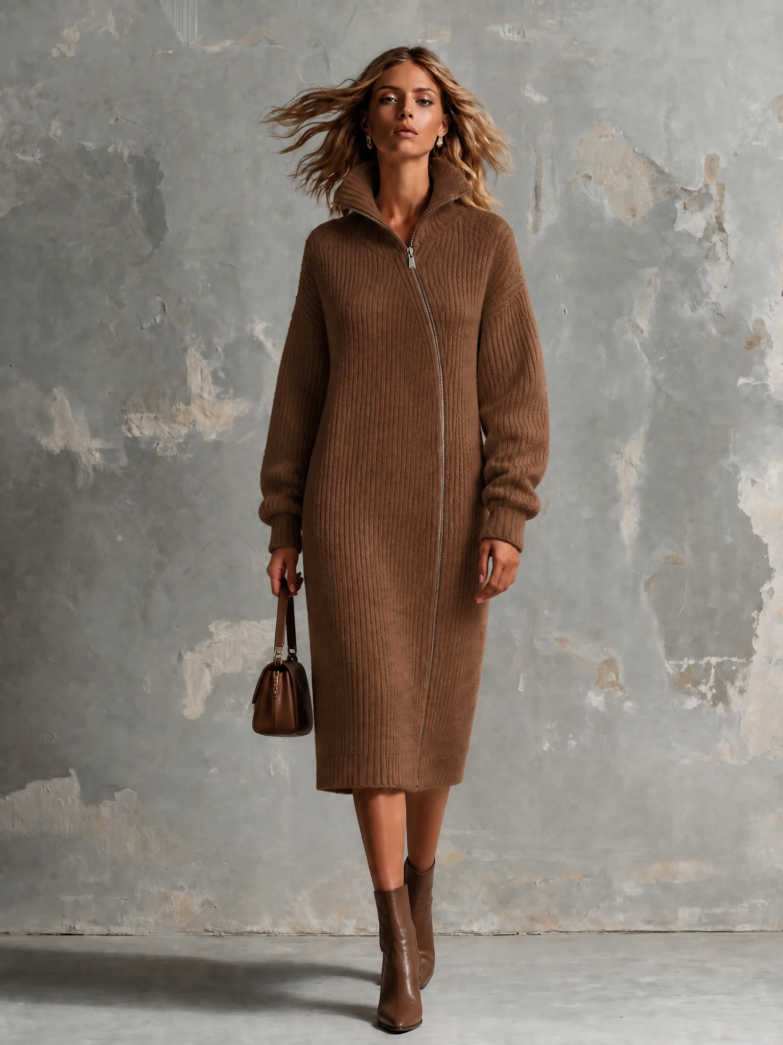 ElevenOra Chic Elegant Brown Stand High Collar Asymmetrical Zipper Long-Sleeve Loose-Fit Ribbed Knit Midi Dress