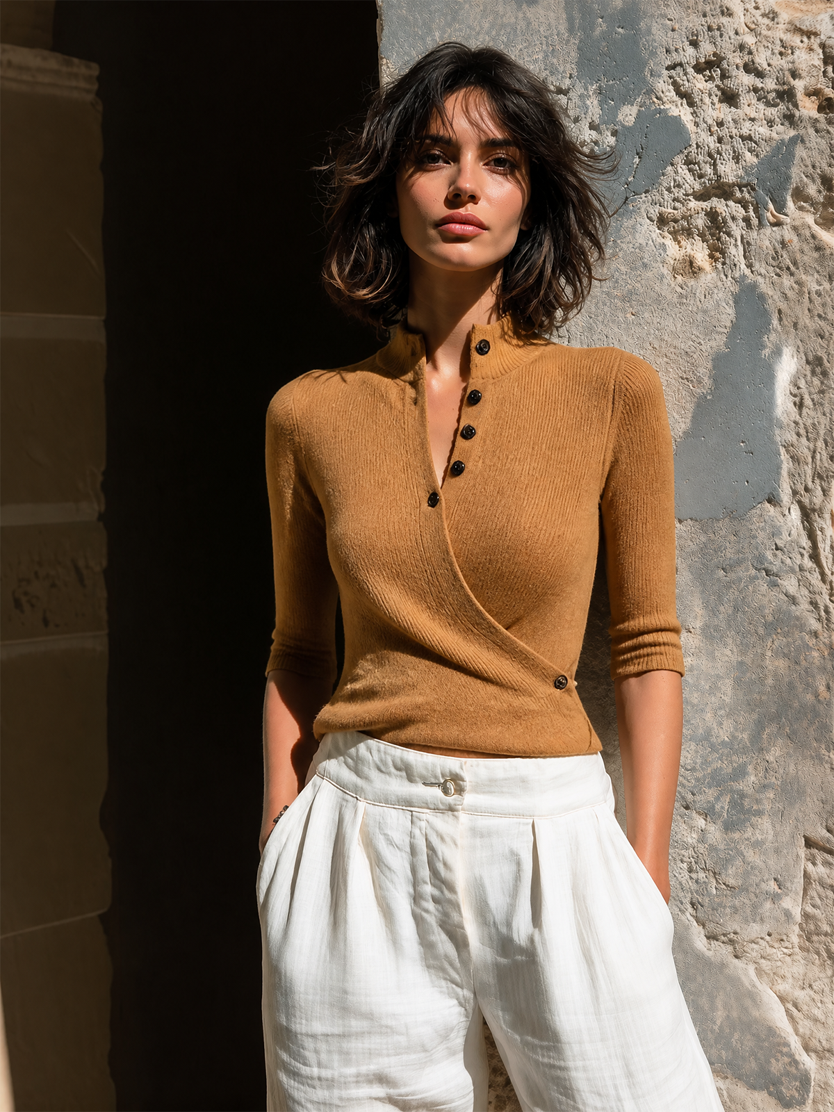 ElevenOra Chic Casual Camel Stand Collar Wrap‑Front Button Up Half‑Sleeve Slim-Fit Knit Sweater Top