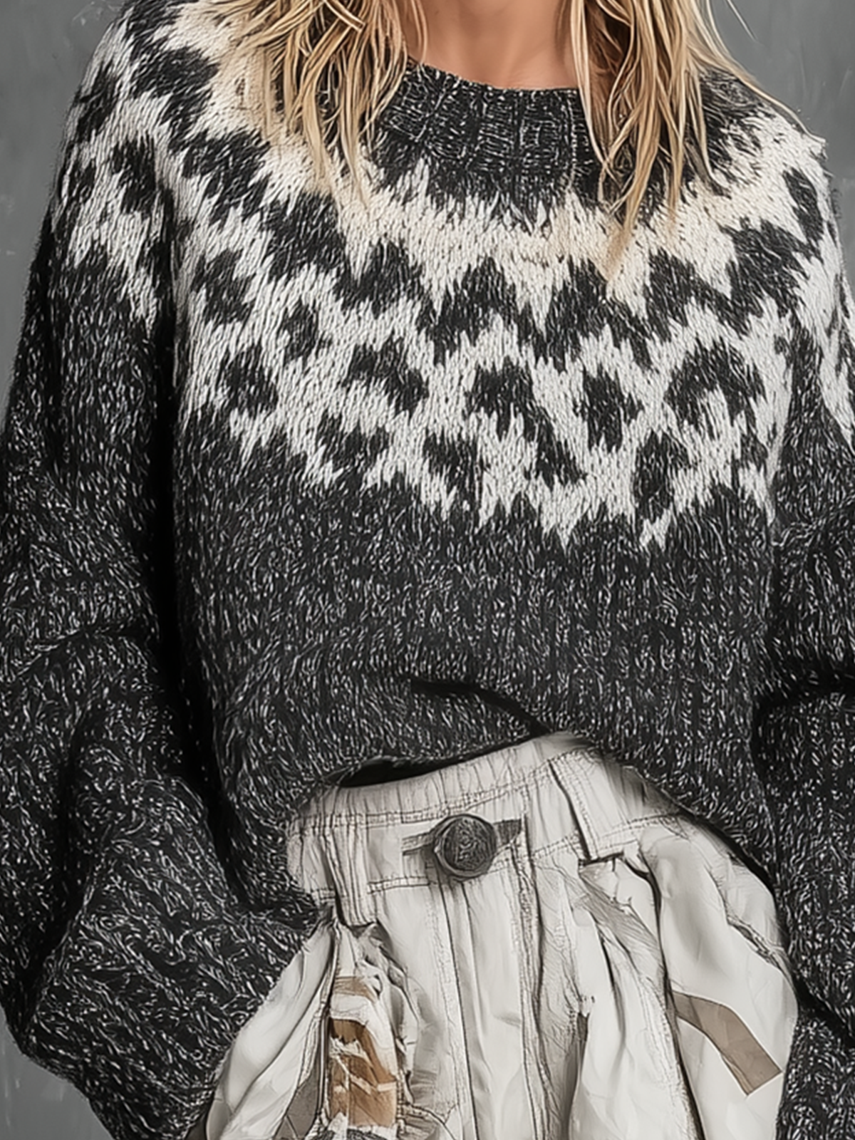ElevenOra Chic Casual Charcoal Fair Isle Jacquard Round-Neck Long-Sleeve Loose-Fit Knit Sweater Top