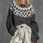 ElevenOra Chic Casual Charcoal Fair Isle Jacquard Round-Neck Long-Sleeve Loose-Fit Knit Sweater Top