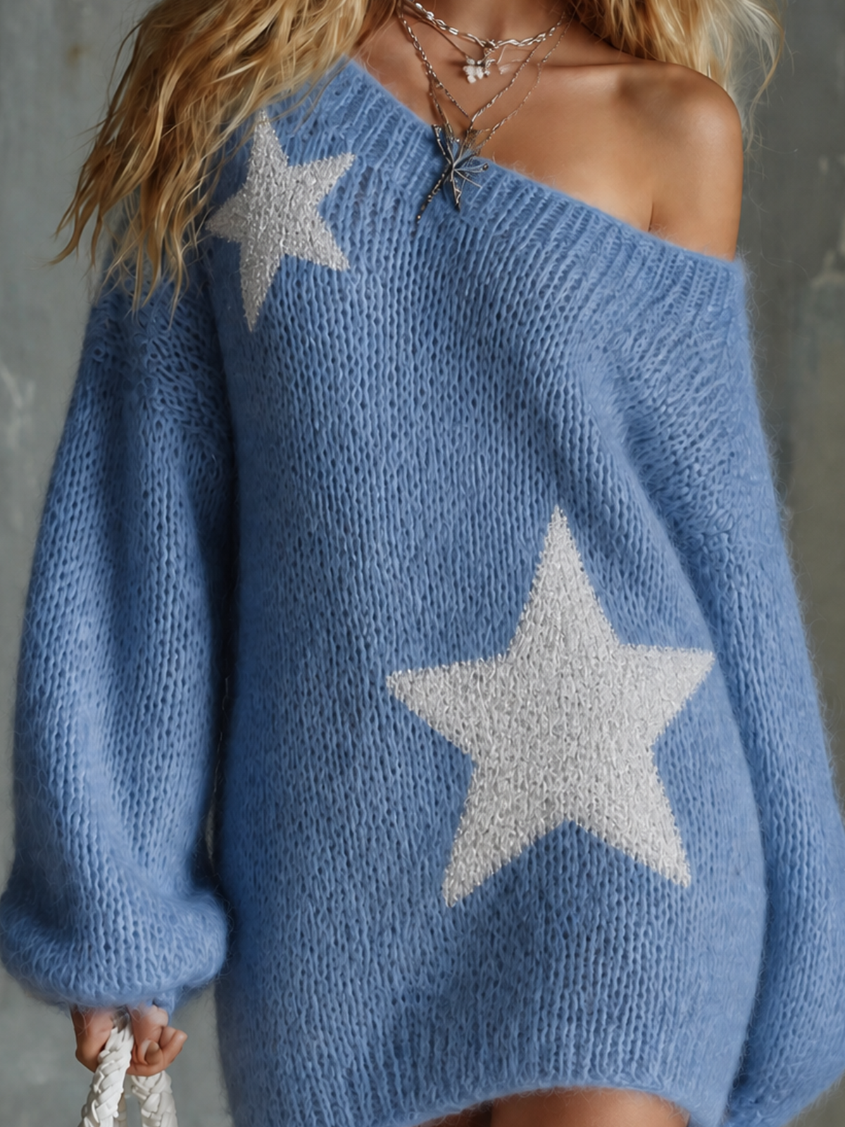 ElevenOra Chic Casual Light Blue Off‑Shoulder Star Jacquard Long-Sleeve Loose-Fit Knit Mini Dress