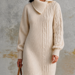 ElevenOra Chic Casual Off‑White Asymmetrical Wrap Collar Long-Sleeve Panel Cable Loose-Fit Knit Mini Dress