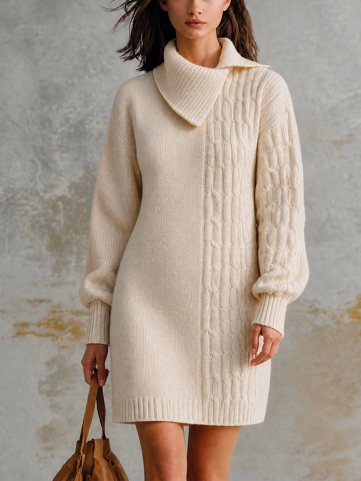 ElevenOra Chic Casual Off‑White Asymmetrical Wrap Collar Long-Sleeve Panel Cable Loose-Fit Knit Mini Dress