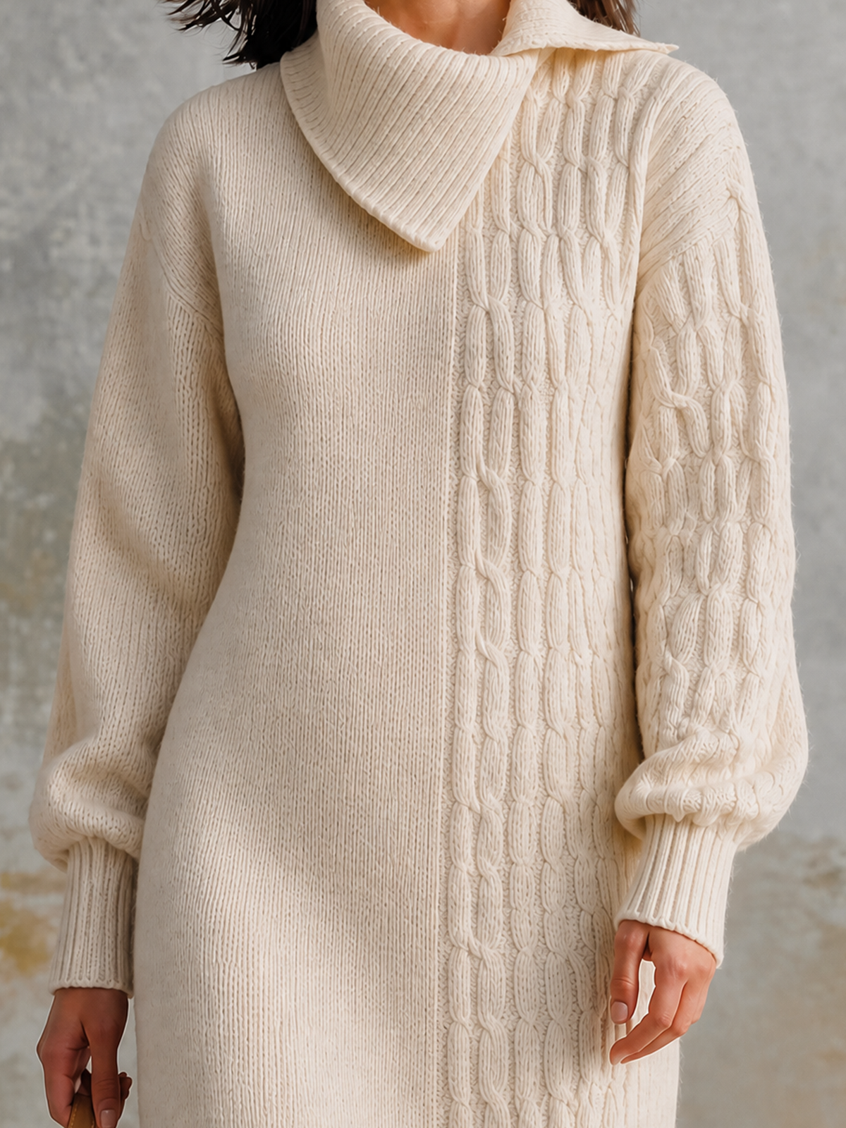 ElevenOra Chic Casual Off‑White Asymmetrical Wrap Collar Long-Sleeve Panel Cable Loose-Fit Knit Mini Dress