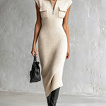 ElevenOra Chic Casual Beige Zipper-Up Lapel Collar Dropped Shoulder Sleeveless Flap Pockets Slim-Fit Ribbed Knit Midi Dress
