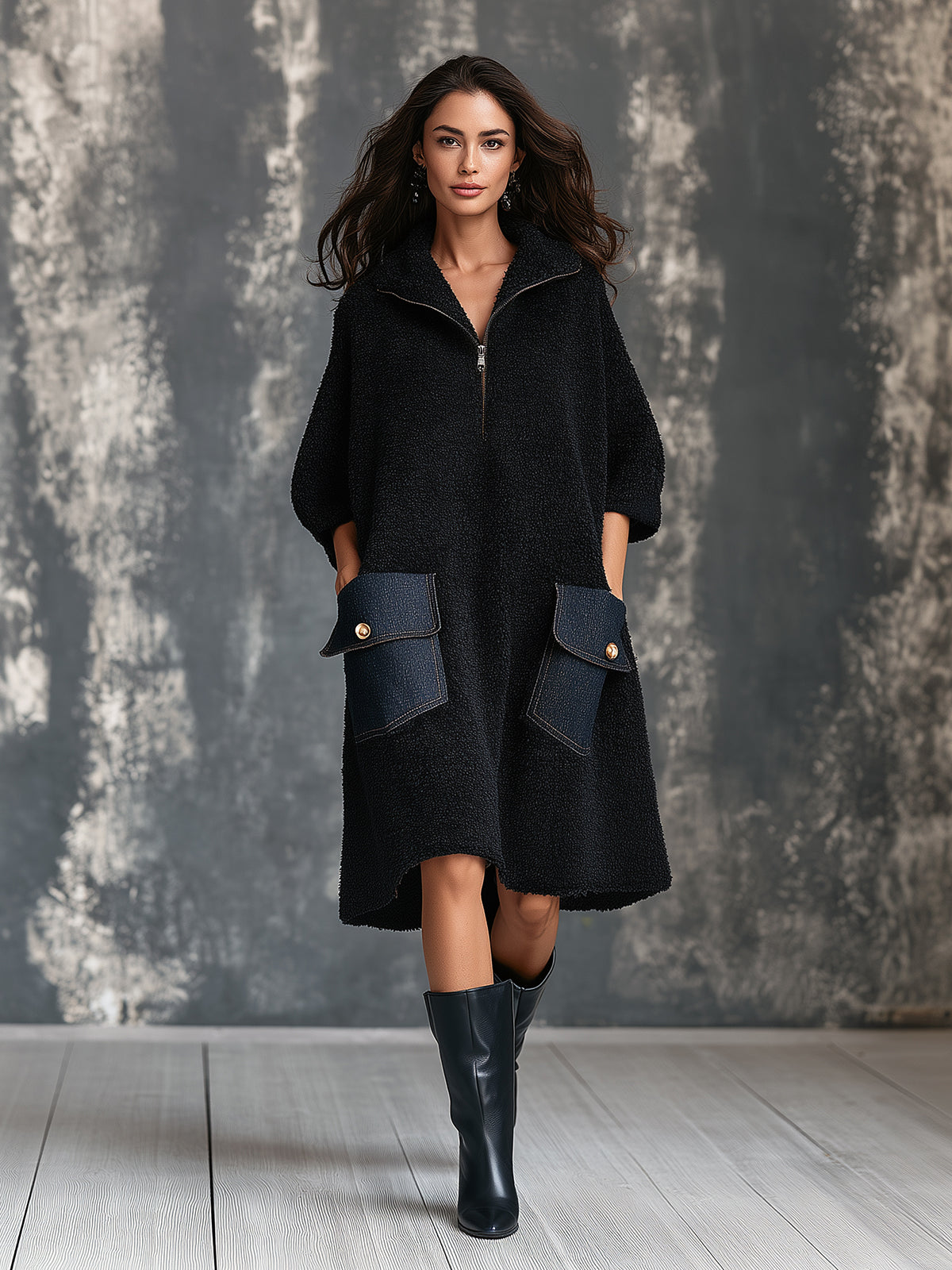 ElevenOra Chic Casual Black Zipper-Up Lapel Collar Half-Sleeve Blue Denim Patch Pockets A-Line Loose-Fit Knit Midi Dress