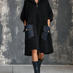ElevenOra Chic Casual Black Zipper-Up Lapel Collar Half-Sleeve Blue Denim Patch Pockets A-Line Loose-Fit Knit Midi Dress