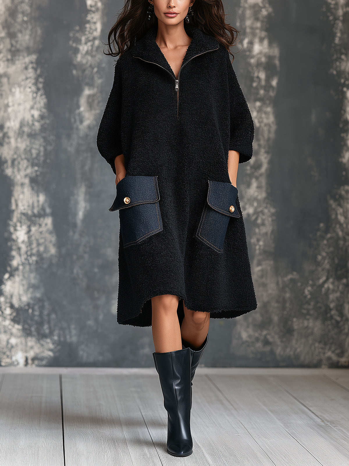 ElevenOra Chic Casual Black Zipper-Up Lapel Collar Half-Sleeve Blue Denim Patch Pockets A-Line Loose-Fit Knit Midi Dress