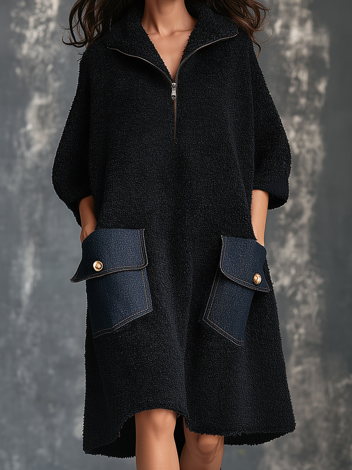 ElevenOra Chic Casual Black Zipper-Up Lapel Collar Half-Sleeve Blue Denim Patch Pockets A-Line Loose-Fit Knit Midi Dress